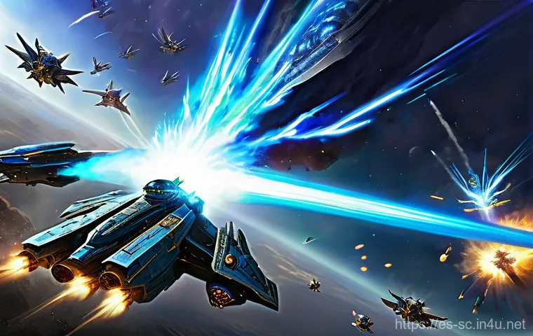 테란 공중 유닛의 효율성 - **"Viking Air Superiority in a Protoss Dogfight"**
    A dynamic, action-packed scene depicting seve...