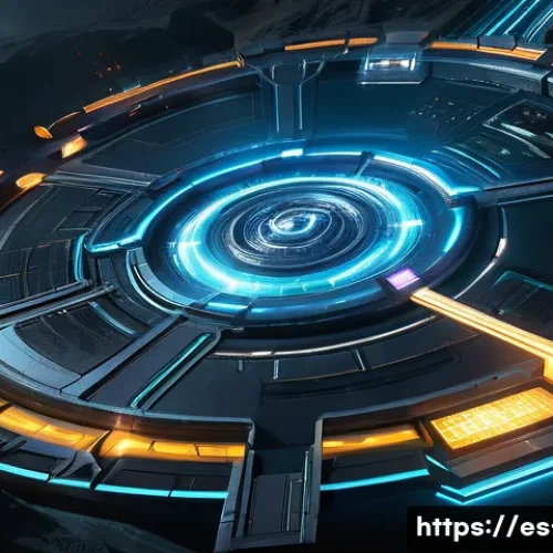 프로토스 중반 이후 공격 타이밍 - A futuristic Protoss battlefield map viewed from a strategic top-down perspective, highlighting key ...