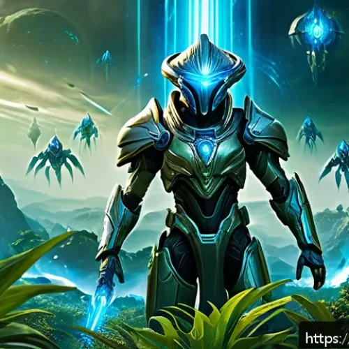 프로토스 아둔 관문 전략 - A dynamic sci-fi battlefield scene featuring Protoss Adepts and Stalkers coordinating with the Porta...