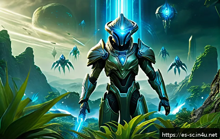 프로토스 아둔 관문 전략 - A dynamic sci-fi battlefield scene featuring Protoss Adepts and Stalkers coordinating with the Porta...