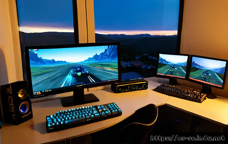 Home 17 스타크래프트 패치 히스토리 - Photorealistic home gaming desk in a Spanish-speaking Latin American apartment, a mature gamer compa...