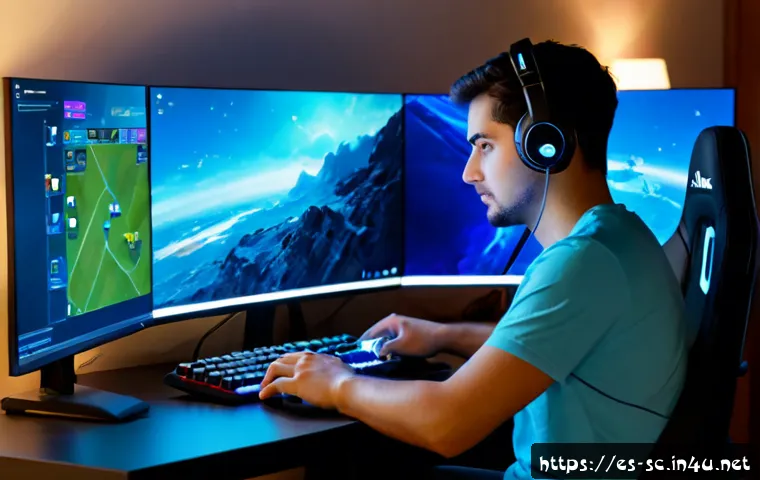 테란 미네랄 관리법 - Photorealistic Spanish-speaking esports player at a clean home gaming desk, carefully managing glowi...